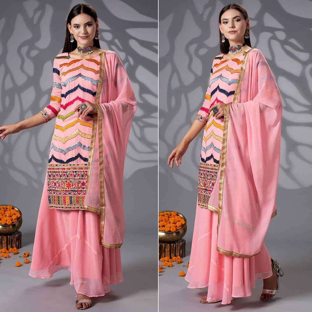 Pink Sequins Embroidered Georgette Sharara Suit Clothsvilla