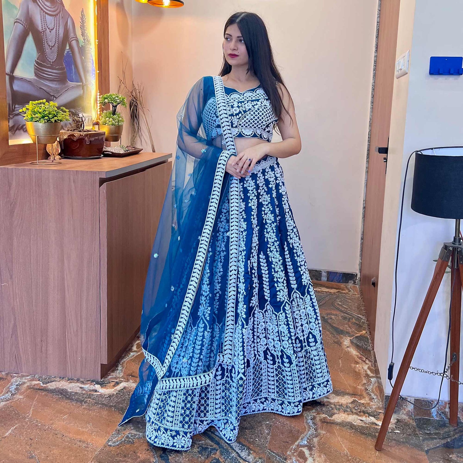 Blue Floral Embroidered Chiffon Lehenga Choli Clothsvilla