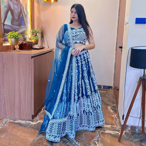 Blue Floral Embroidered Chiffon Lehenga Choli Clothsvilla