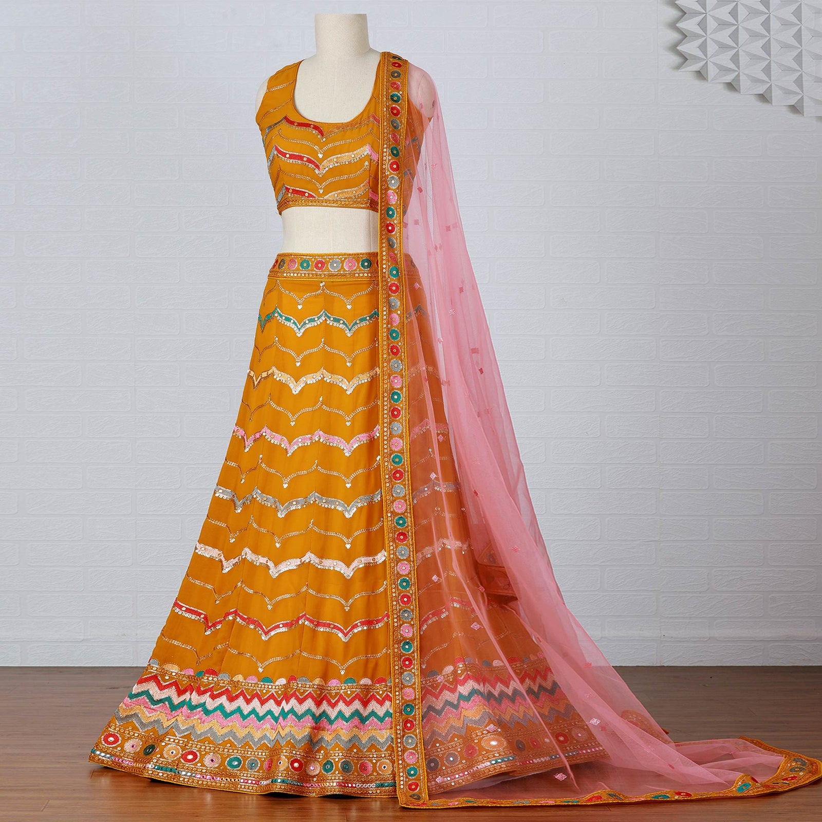 Mustard Sequins Embroidered Georgette Lehenga Choli Clothsvilla
