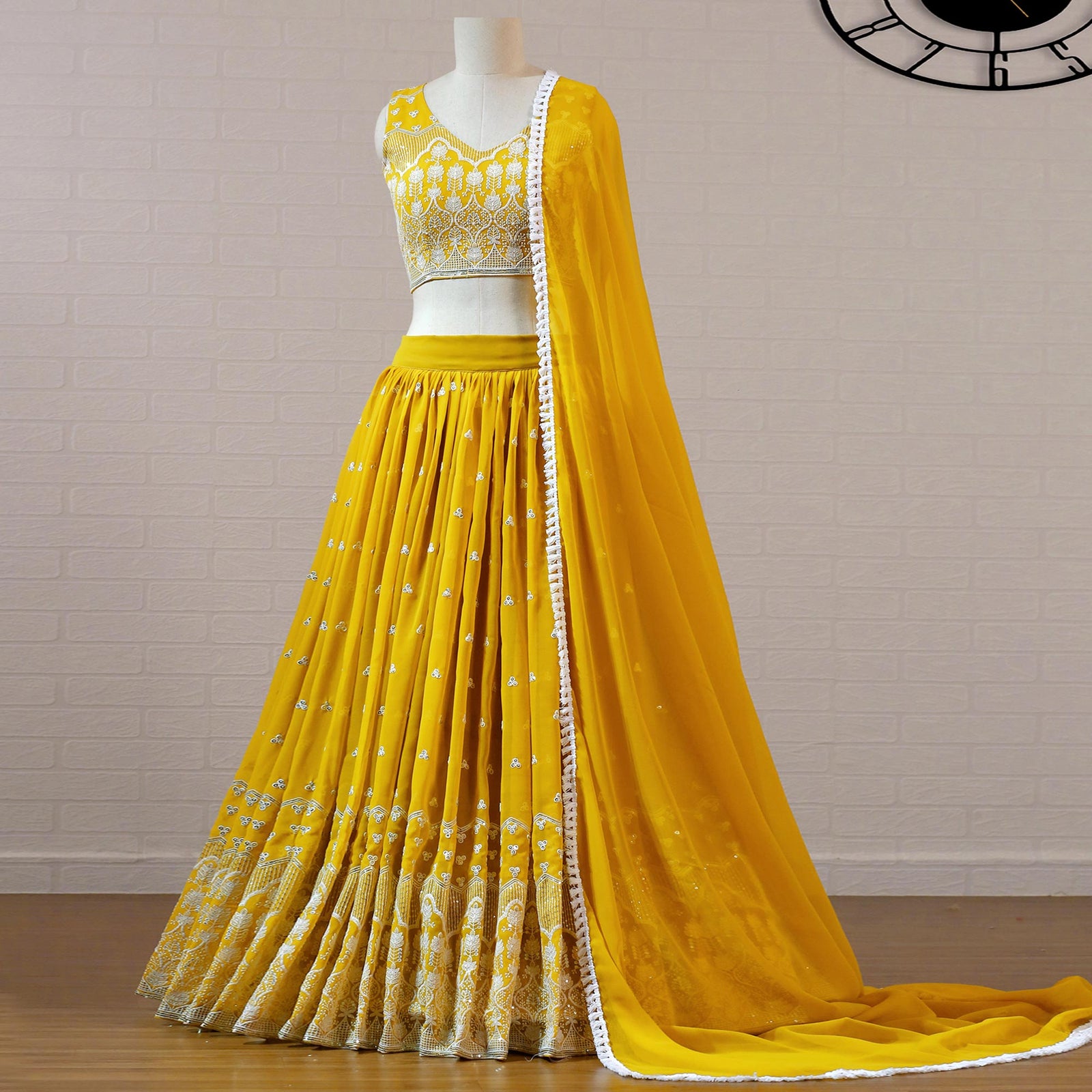 Mustard Sequins Embroidered Georgette Lehenga Choli Clothsvilla