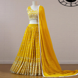 Mustard Sequins Embroidered Georgette Lehenga Choli Clothsvilla