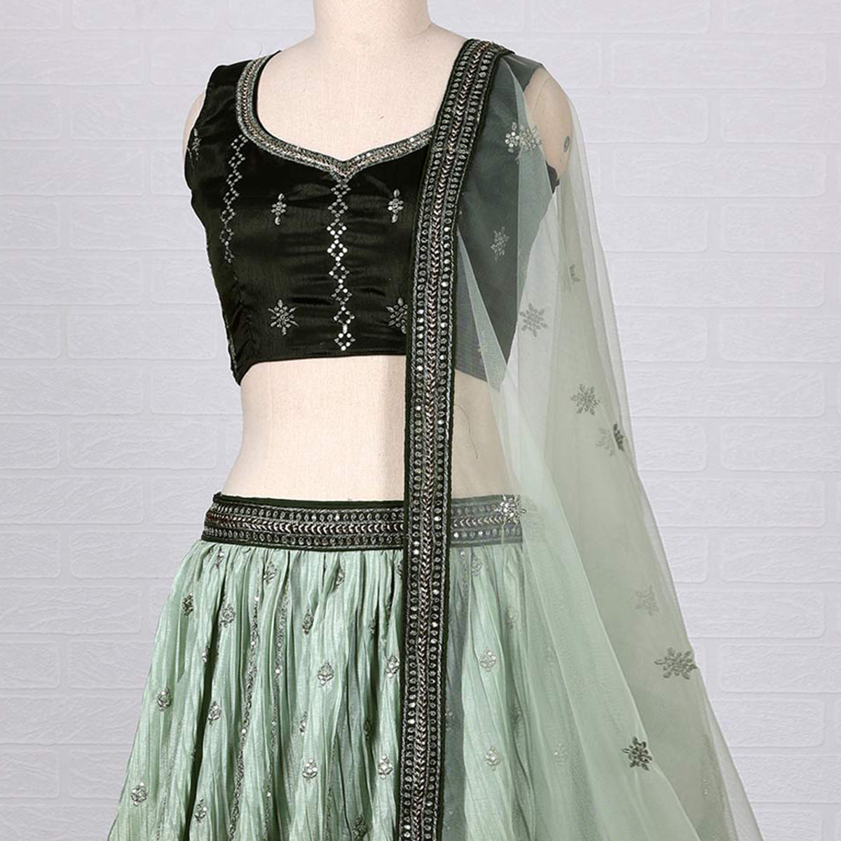 Green Sequins Embroidered Satin Lehenga Choli Clothsvilla