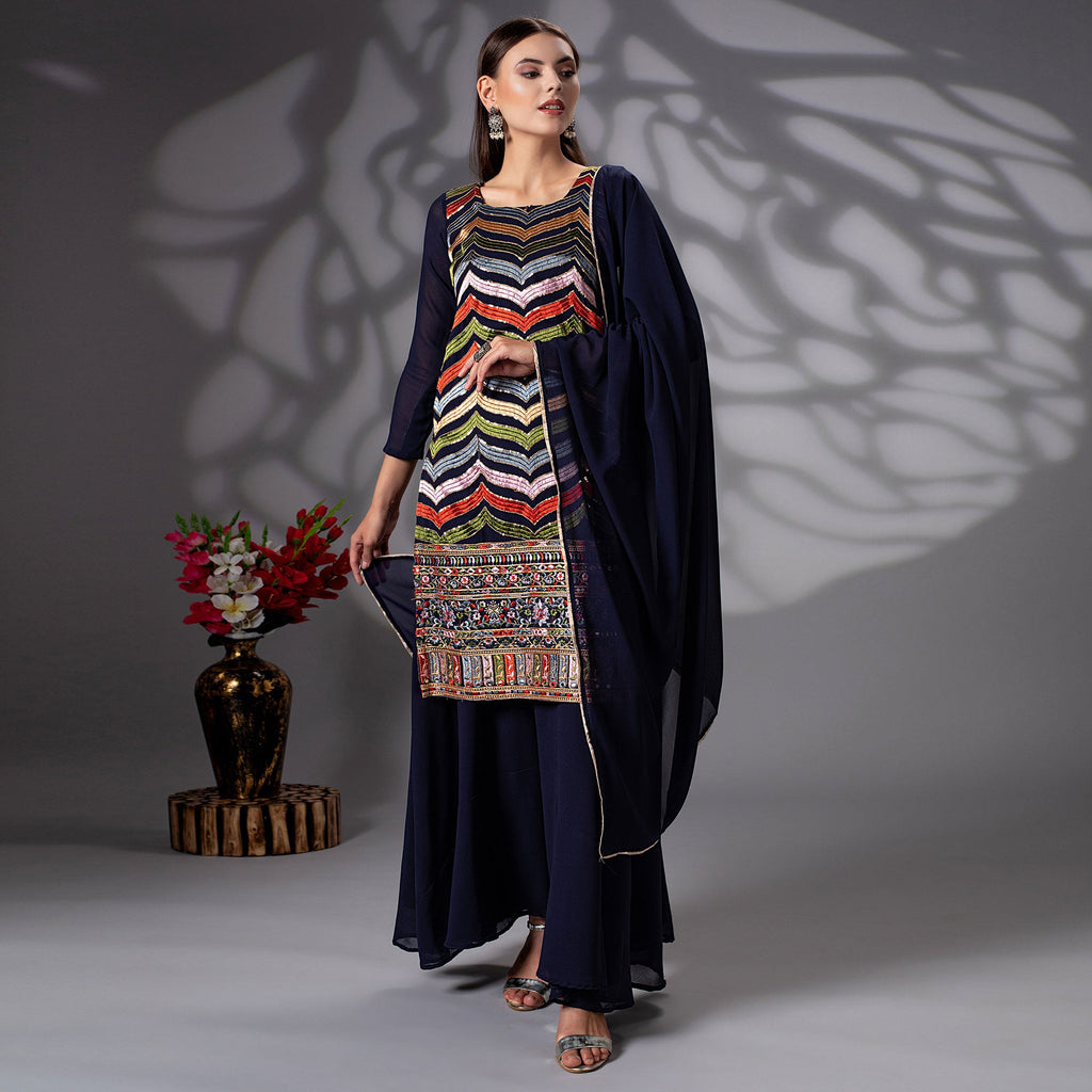 Navy Blue Sequins Embroidered Georgette Sharara Suit Clothsvilla