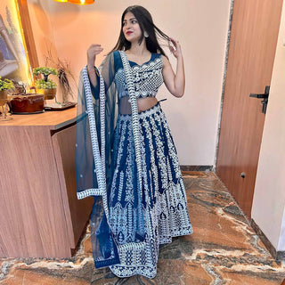 Blue Floral Embroidered Chiffon Lehenga Choli Clothsvilla