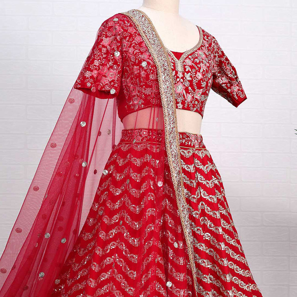 Red Sequins Embroidered Georgette Lehenga Choli Clothsvilla