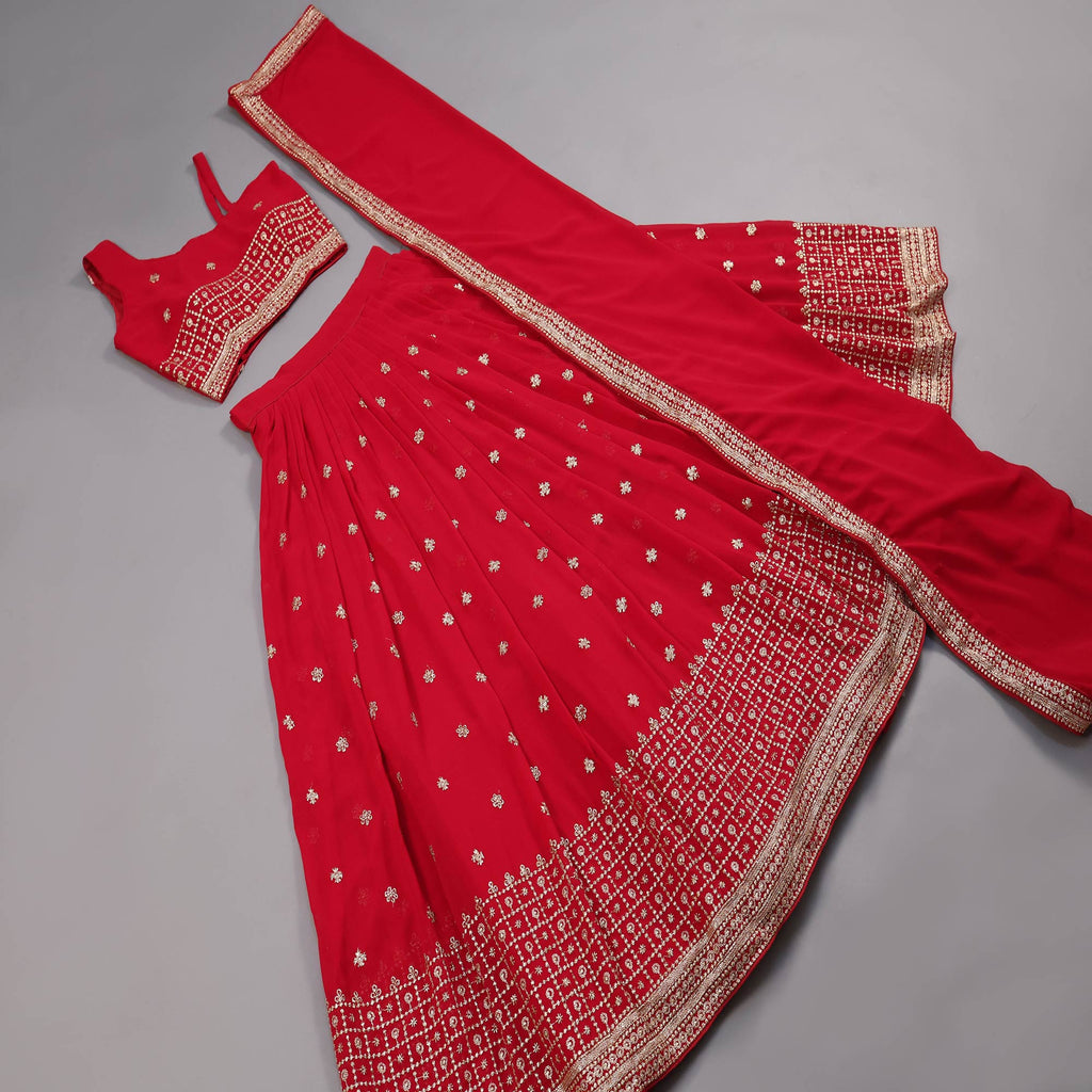 Red Embroidered Georgette Lehenga Choli Clothsvilla