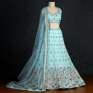 Aqua Blue Sequins Embroidered Georgette Lehenga Choli Clothsvilla