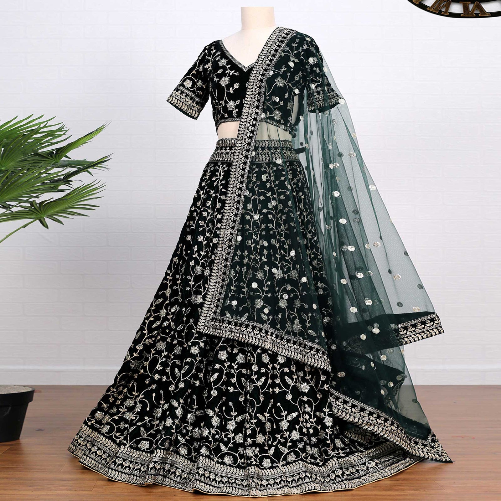 Dark Green Sequins Embroidered Velvet Lehenga Choli Clothsvilla