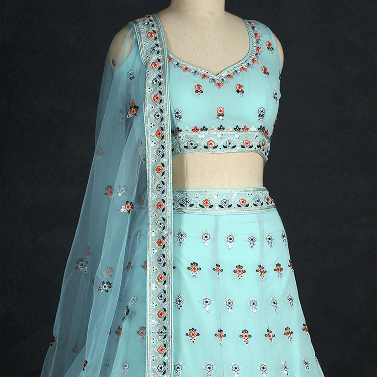 Aqua Blue Sequins Embroidered Georgette Lehenga Choli Clothsvilla
