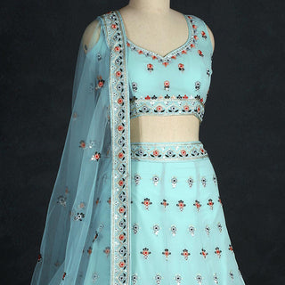 Aqua Blue Sequins Embroidered Georgette Lehenga Choli Clothsvilla