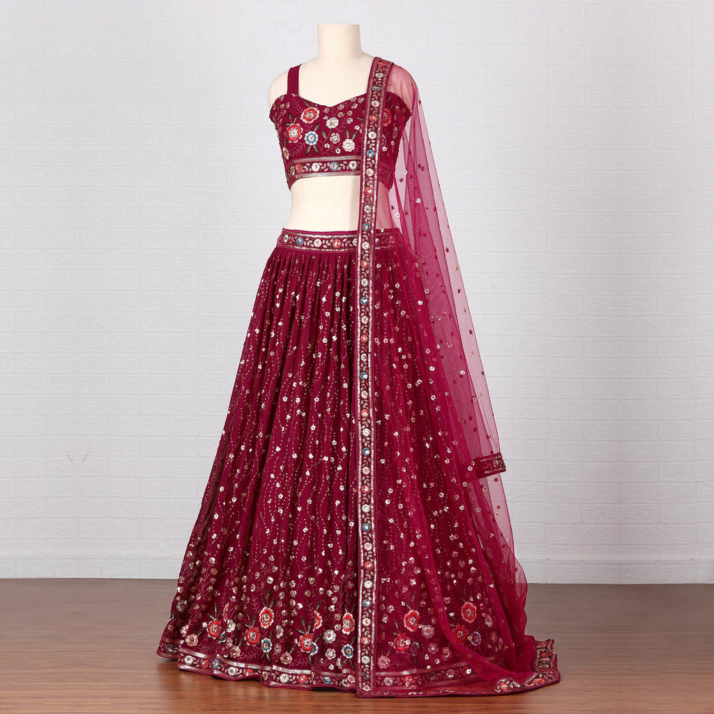 Wine Sequins Embroidered Georgette Lehenga Choli Clothsvilla