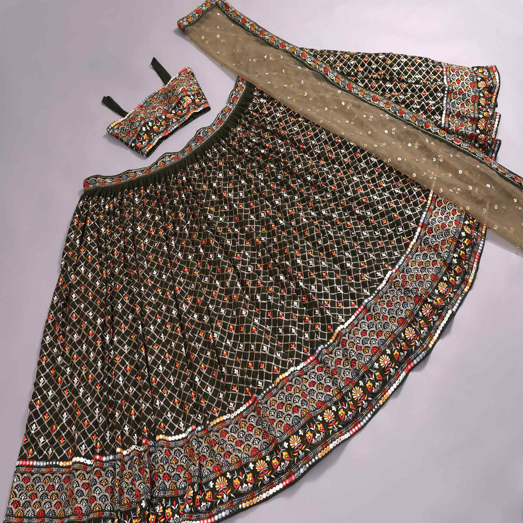 Mehendi Green Sequins Embroidered Georgette Lehenga Choli Clothsvilla