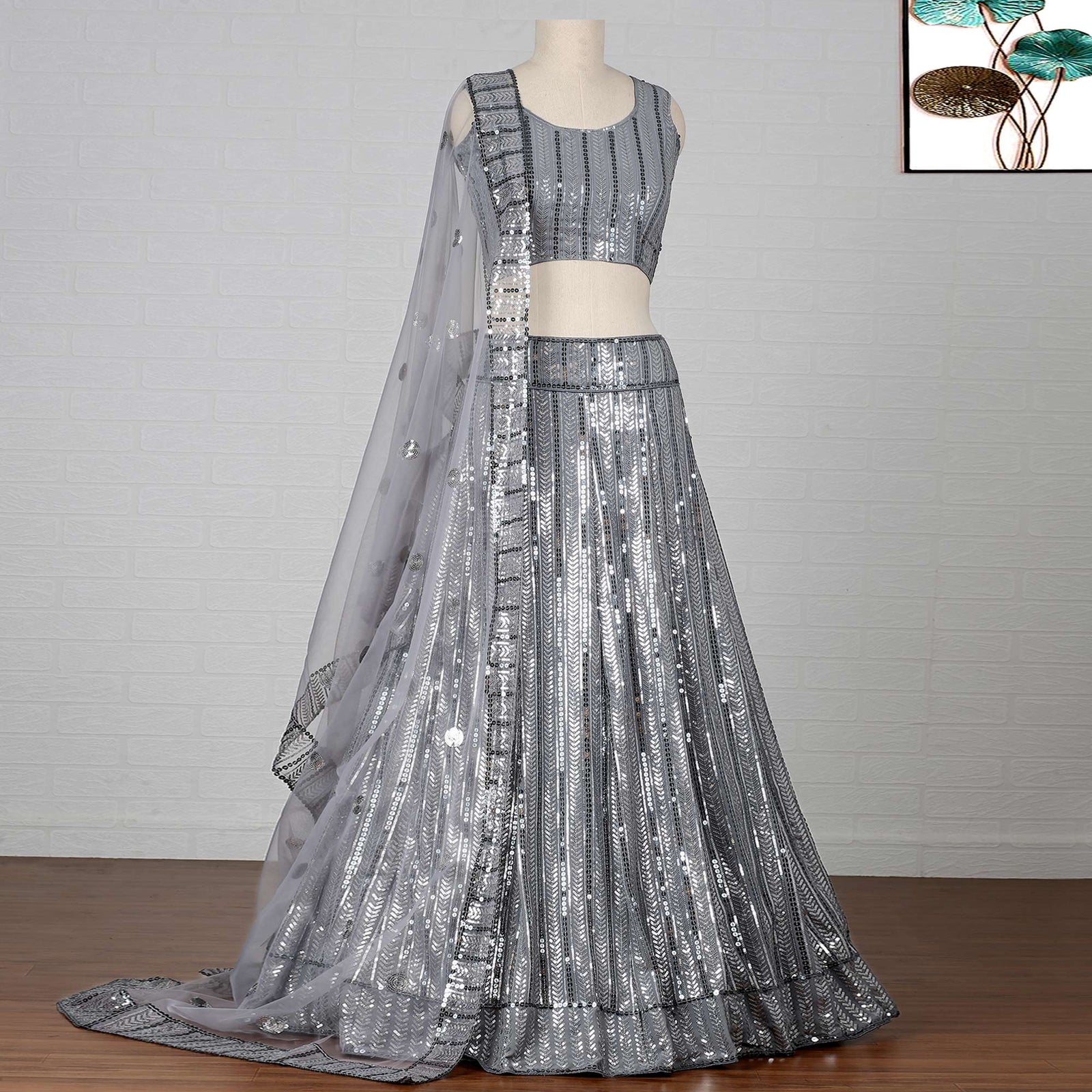 Grey Sequins Embroidered Georgette Lehenga Choli Clothsvilla