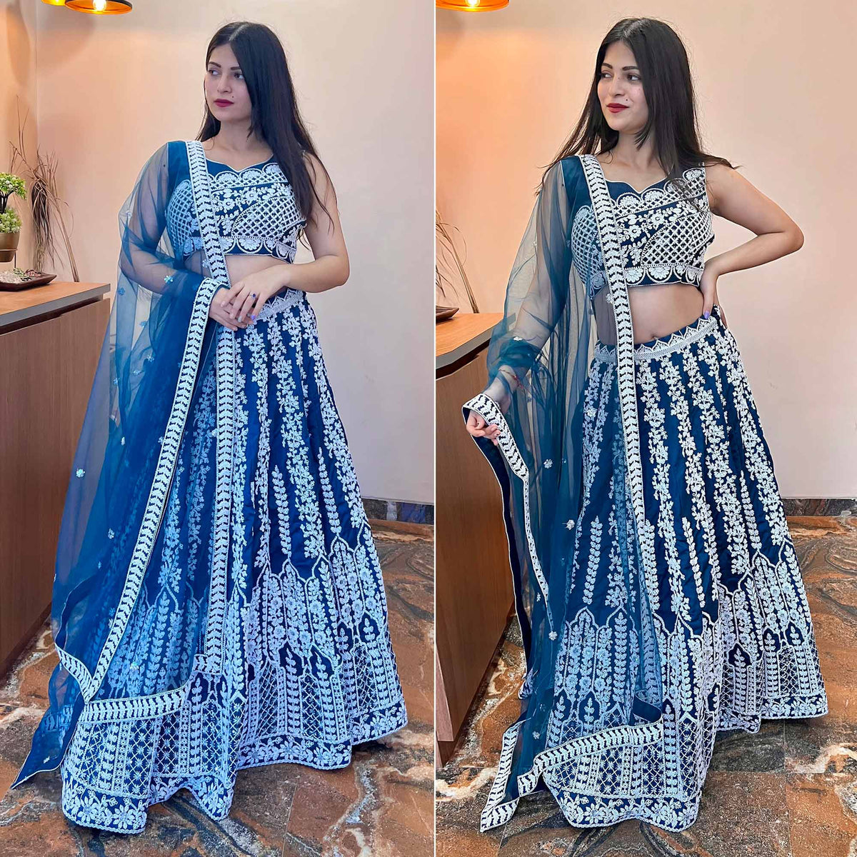 Blue Floral Embroidered Chiffon Lehenga Choli Clothsvilla Main image