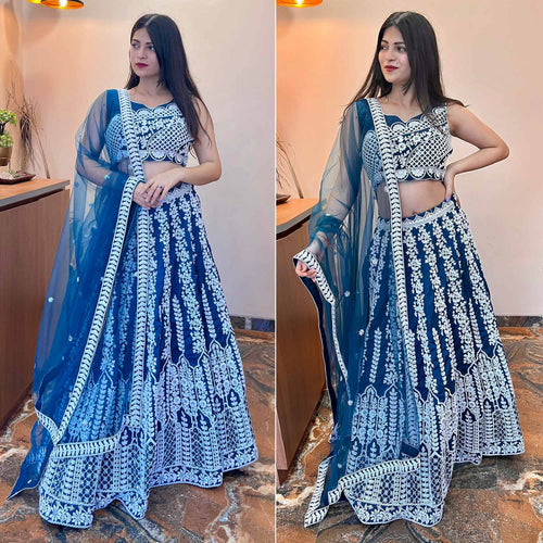 Blue Floral Embroidered Chiffon Lehenga Choli Clothsvilla