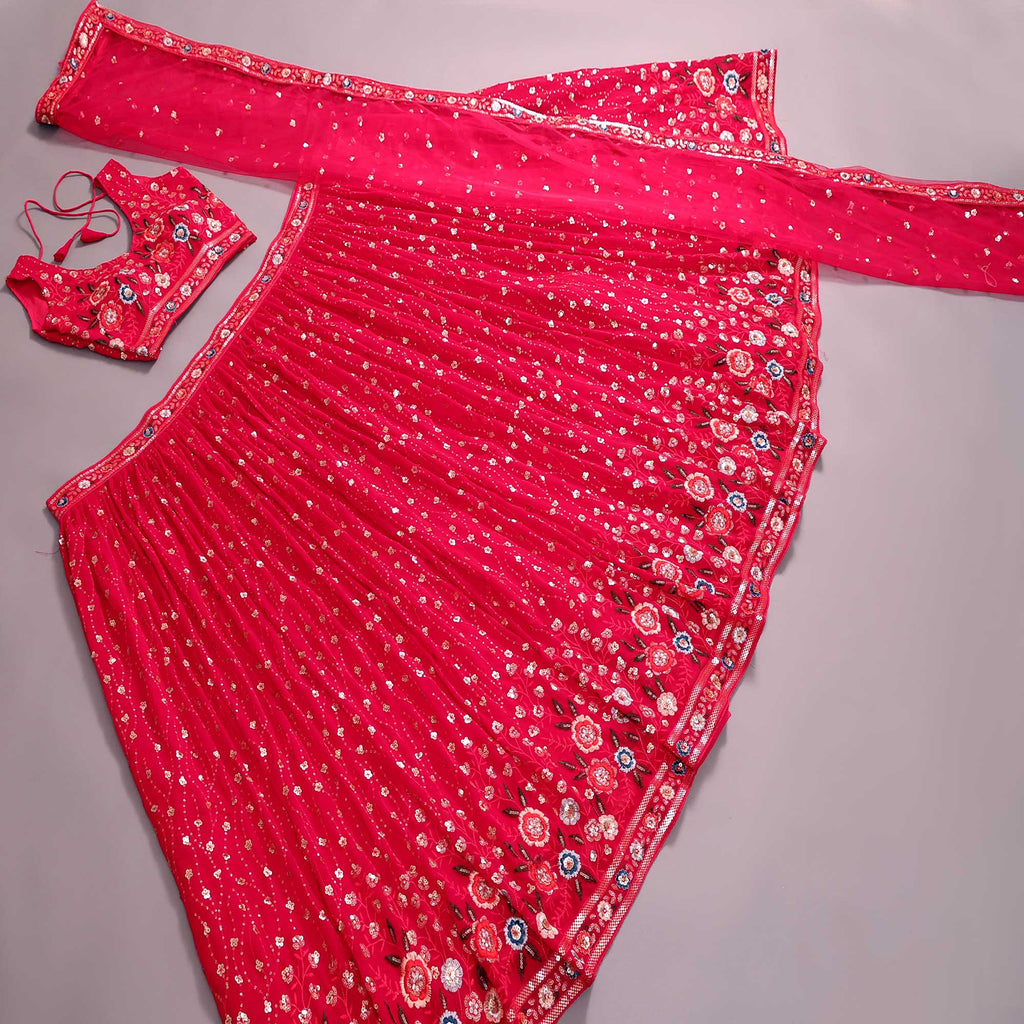 Cherry Red Sequins Embroidered Georgette Lehenga Choli Clothsvilla