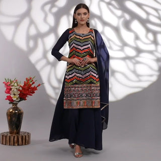 Navy Blue Sequins Embroidered Georgette Sharara Suit Clothsvilla
