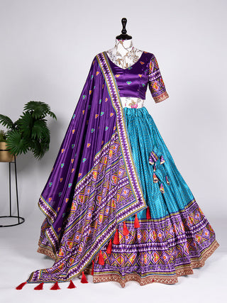 Firozi Color Laheriya Patola Print and Sequins Embroidery Chinon Lehenga Choli ClothsVilla
