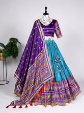 Load image into Gallery viewer, Firozi Color Laheriya Patola Print and Sequins Embroidery Chinon Lehenga Choli ClothsVilla