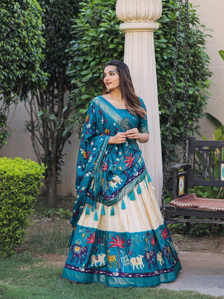Firozi Color Printed With Foil Work Dola Silk Lehenga Choli ClothsVilla.com