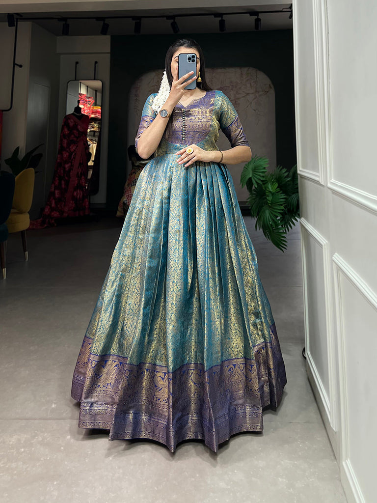 Firozi Color Zari Weaving Work Kanjivaram Wedding Wear Dress Clothsvilla
