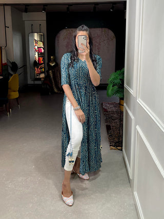 Firozi Color Foil and Printed Pure Cotton Kurti Clothsvilla