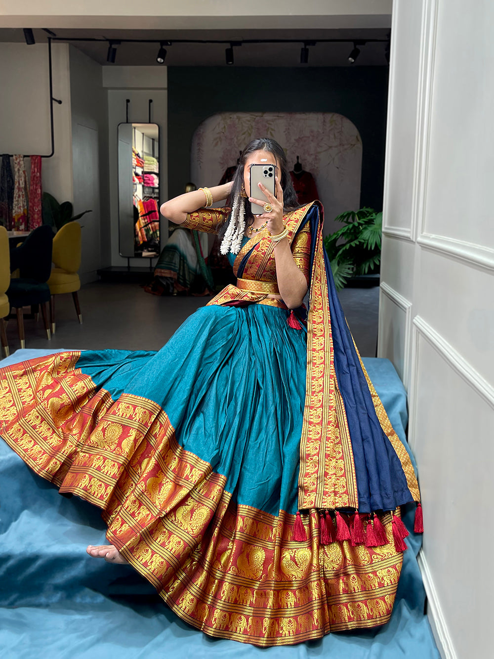Firozi Color Zari Weaving Work Narayan Pet (Cotton) Kollam Pattu Lehenga Choli Secondary image