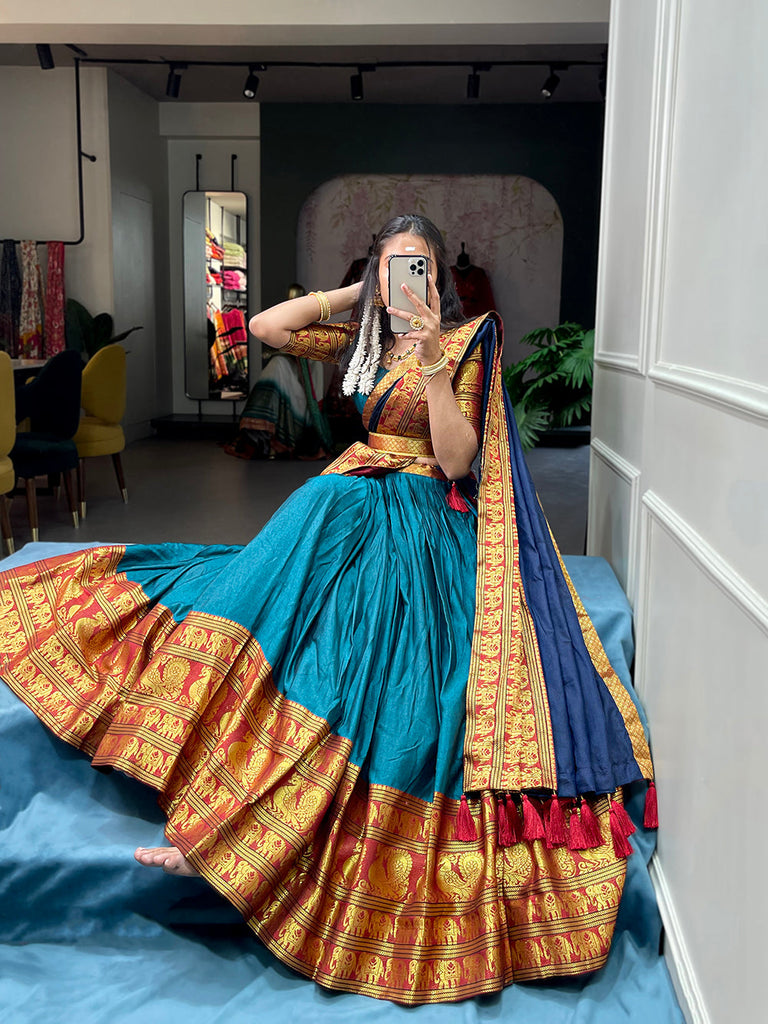 Firozi Color Zari Weaving Work Narayan Pet (Cotton) Kollam Pattu  Lehenga Choli ClothsVilla.com