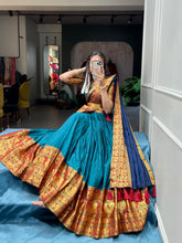 Load image into Gallery viewer, Firozi Color Zari Weaving Work Narayan Pet (Cotton) Kollam Pattu  Lehenga Choli ClothsVilla.com