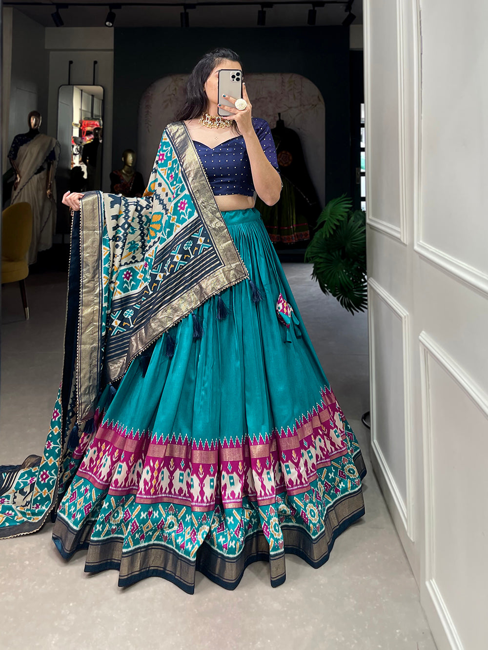 Firozi Color Patola Print With Foil Work Tussar Silk Lehenga Choli ClothsVilla