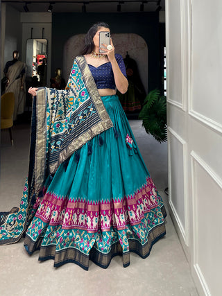 Firozi Color Patola Print With Foil Work Tussar Silk Lehenga Choli ClothsVilla