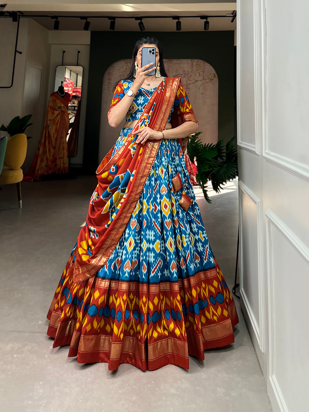 Firozi Color Patola Print With Foil Work Tussar Silk Lehnga Choli Clothsvilla