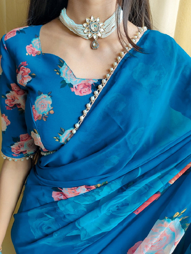 Firozi Color Printed With Peral Lace Border Georgette Stylist Saree Clothsvilla