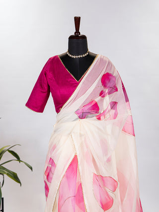 Baby Pink Color Floral & Foil Printed Organza Saree Clothsvilla