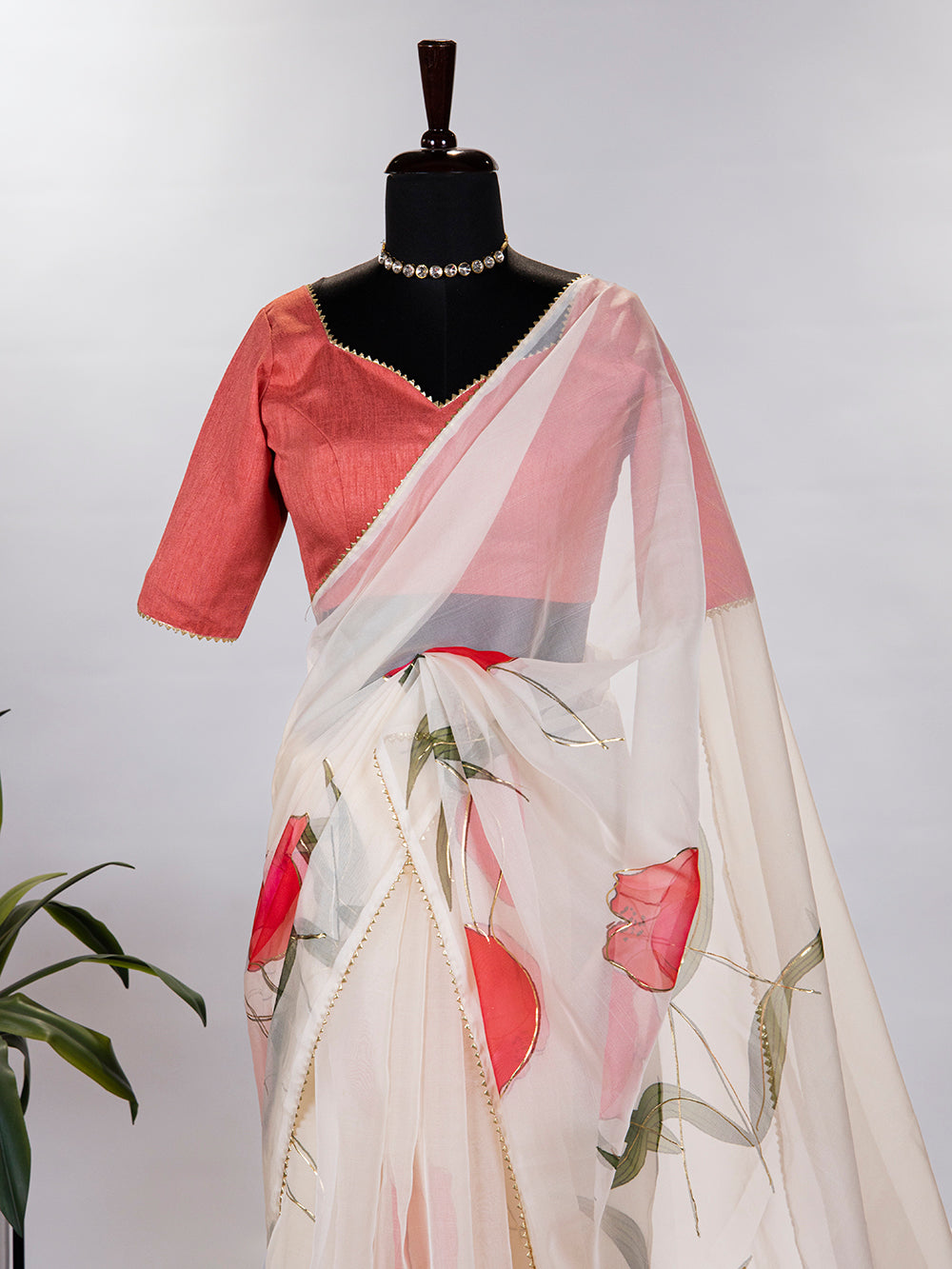 Cream Color Floral & Foil Printed Organza Saree Clothsvilla