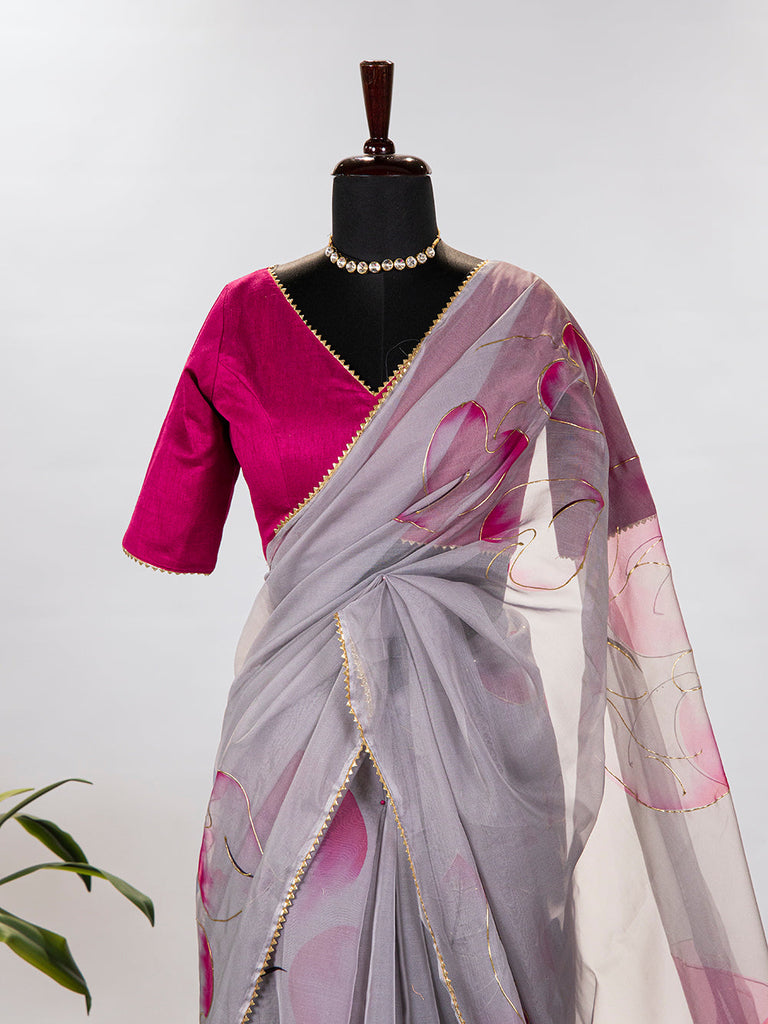 Grey Color Floral & Foil Printed Organza Saree Clothsvilla