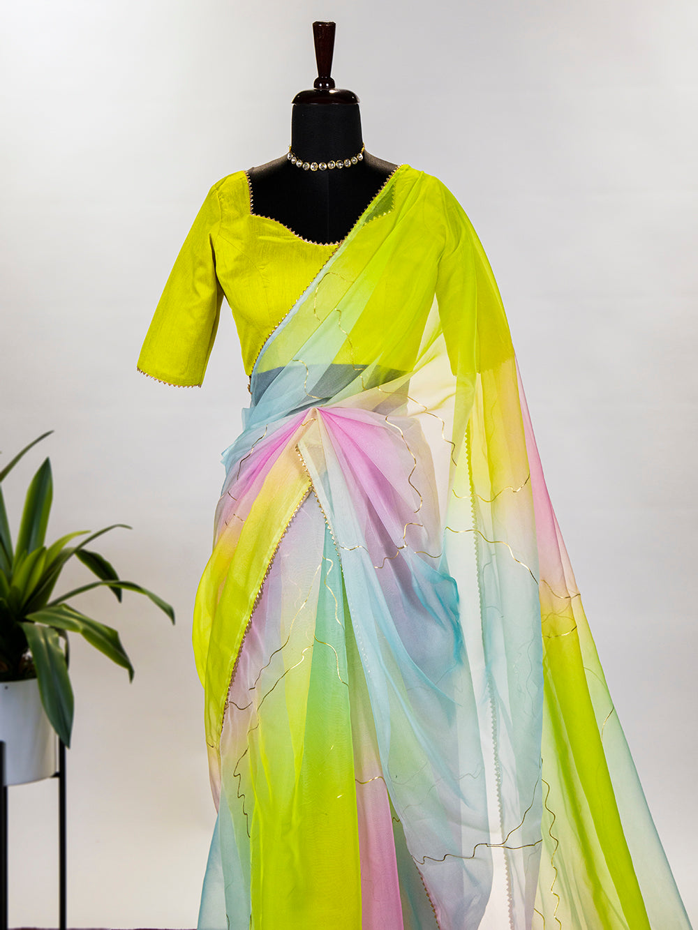 Mint Color Floral & Foil Printed Organza Saree Clothsvilla