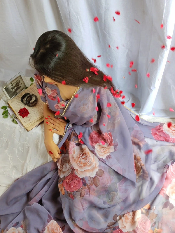 Grey Color Printed With Pearl Lace Border Georgette Saree Clothsvilla