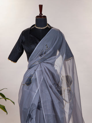 Grey Color Floral & Foil Print Organza Saree Clothsvilla