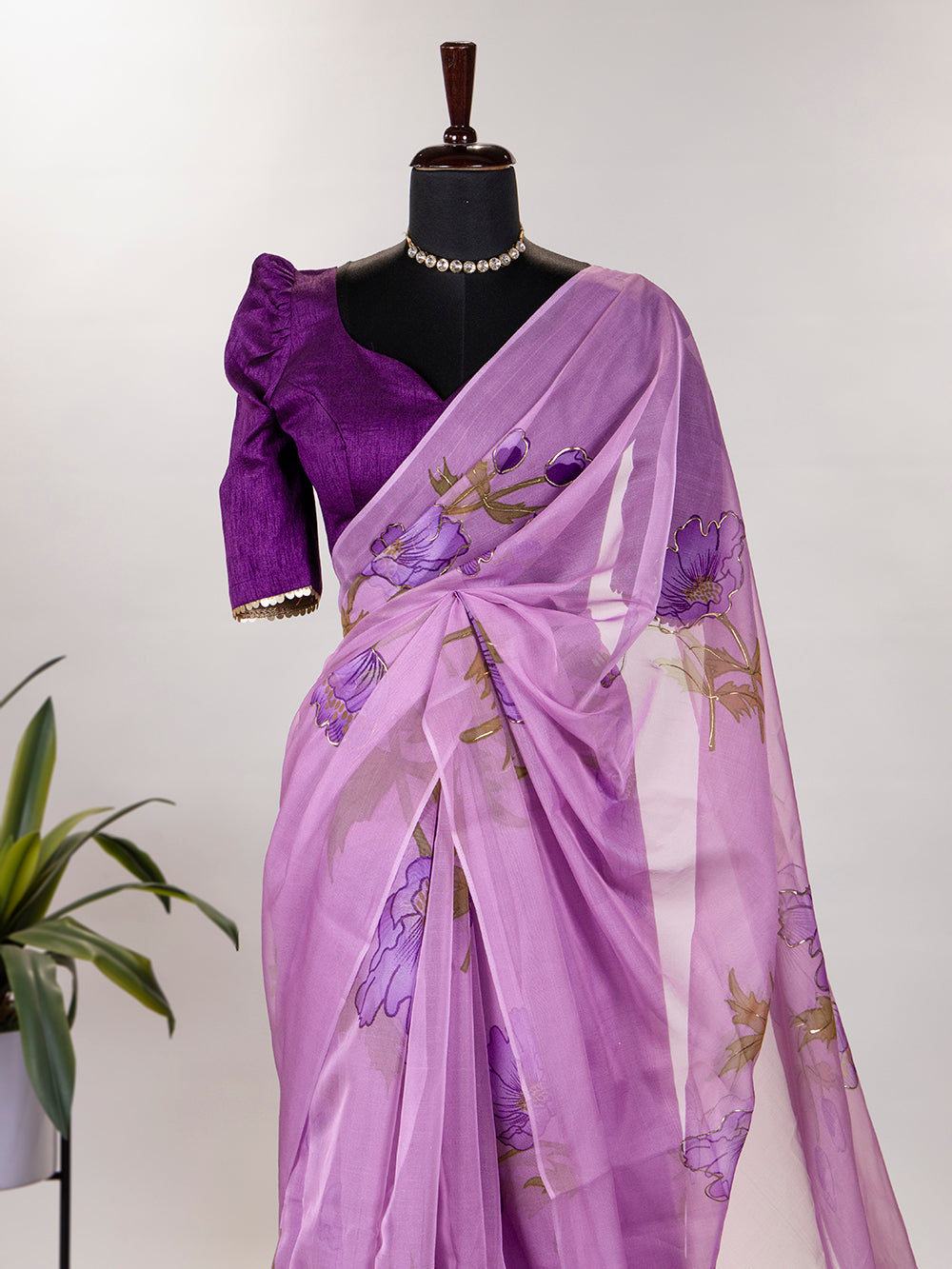 Lavender Color Floral & Foil Print Organza Saree Clothsvilla