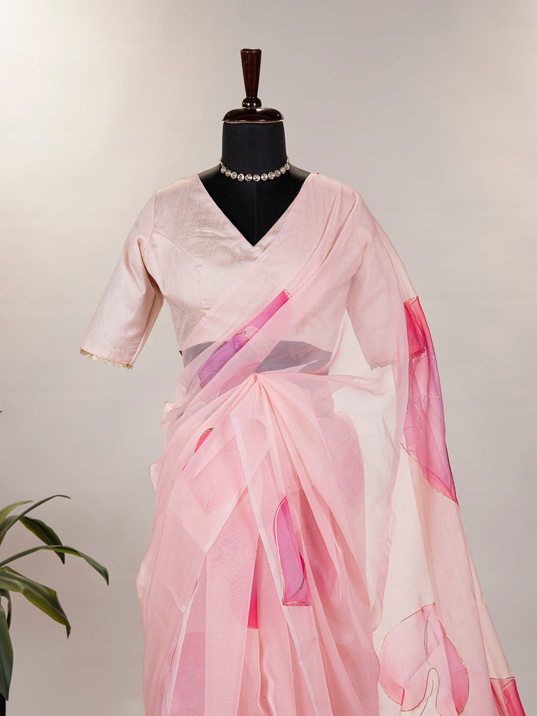 Pink Color Floral & Foil Print Organza Saree Clothsvilla