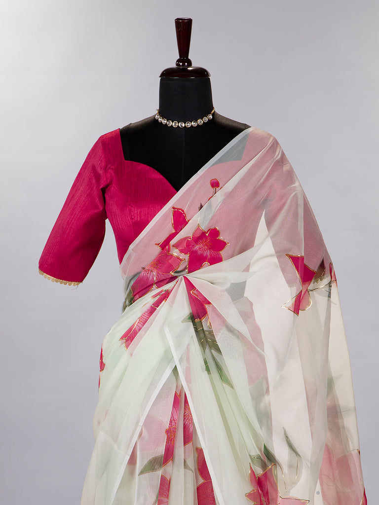 Pista Color Floral & Foil Print Organza Saree Clothsvilla