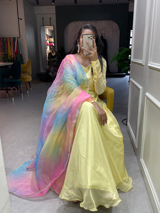 Yellow Color Simple Soft Organza Gown Clothsvilla