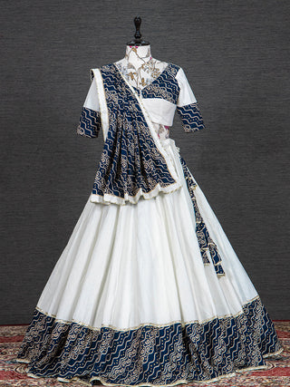 Navy Blue Color Foil And Printed Work Cotton Lehenga Choli Clothsvilla