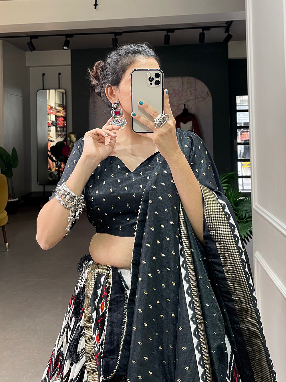 Black Color Leheriya With Foil Work Tussar Silk Lehenga Choli ClothsVilla.com