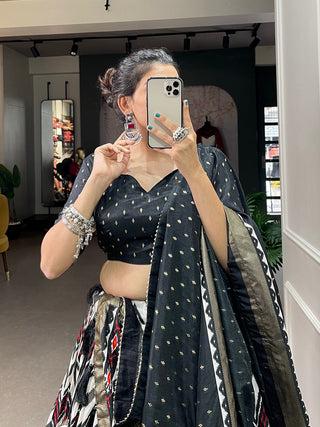 Black Color Leheriya With Foil Work Tussar Silk Lehenga Choli ClothsVilla.com