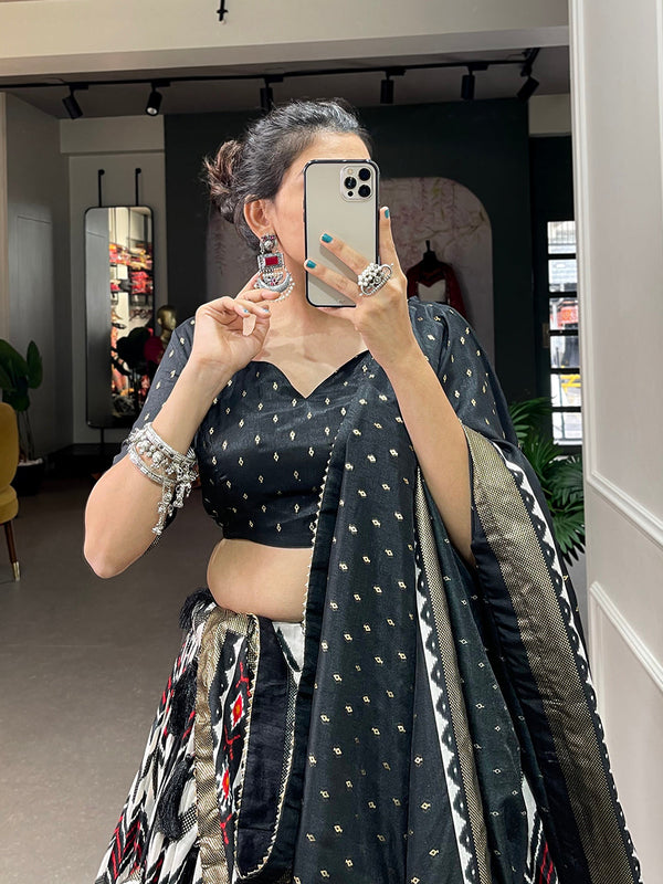 Black Color Leheriya With Foil Work Tussar Silk Lehenga Choli ClothsVilla.com