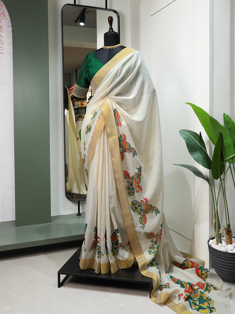 Sitar Design Printed Kasavu Zari Border Saree Clothsvilla