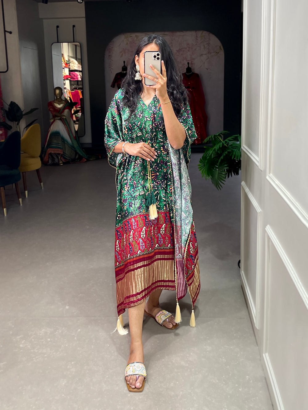 Green Color Digital Printed Gaji Silk Kaftan ClothsVilla
